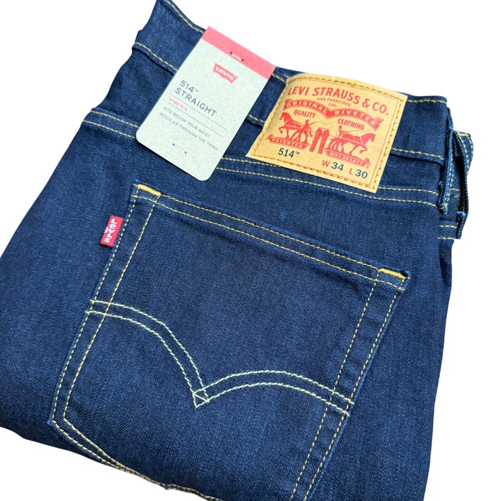 Levi Strauss Co 514 Straight Stretch Dark Wash Denim Jeans Men W34 L30 - Picture 1 of 4
